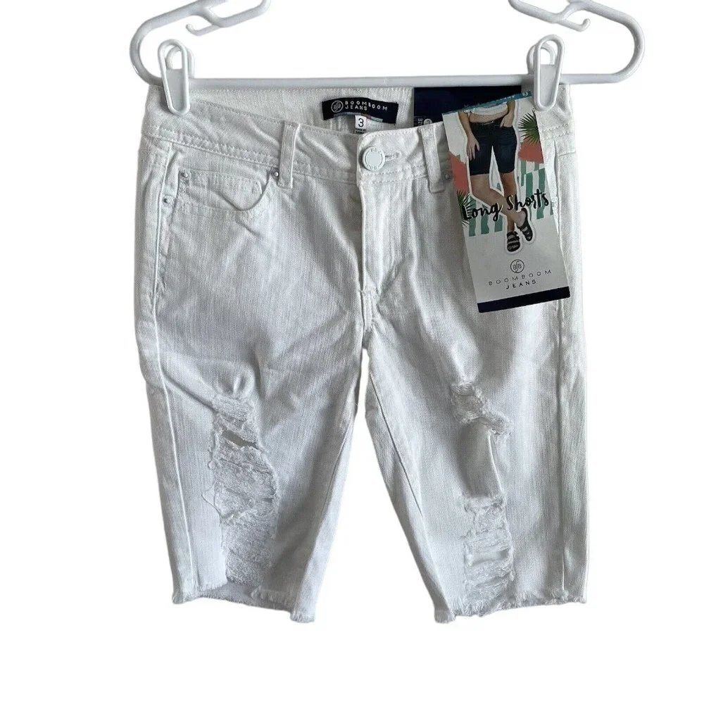 Boom Boom Women SZ 3 White Distressed Long Bermuda Denim Jean Shorts NWT